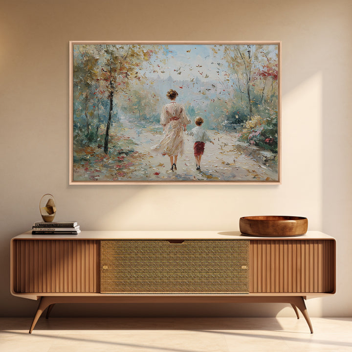 Mother And Son Garden Stroll Canvas Print, Impressionist Landscape Painting, Feminine Living Room Wall Decor, Gift For Mom