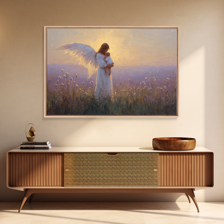 Guardian Angel Holding Baby Framed Canvas Print, Golden Meadow Oil Painting, Spiritual Nursery Decor, Christian Gift For Mom