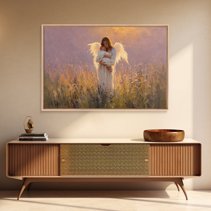 Angel Mother Cradling Newborn Canvas Print, Glowing Wildflower Oil Painting, Christian Nursery Wall Decor, Gift For New Mom