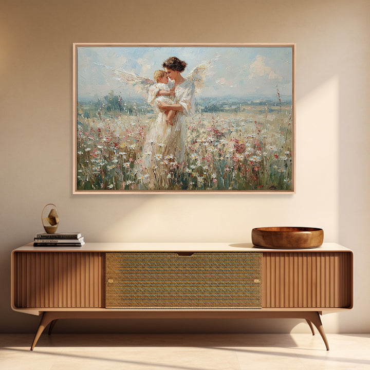 Angel Mother Kissing Baby Canvas Print, Bright Wildflower Meadow Painting, Spiritual Wall Decor, Nursery Art Gift For Mom