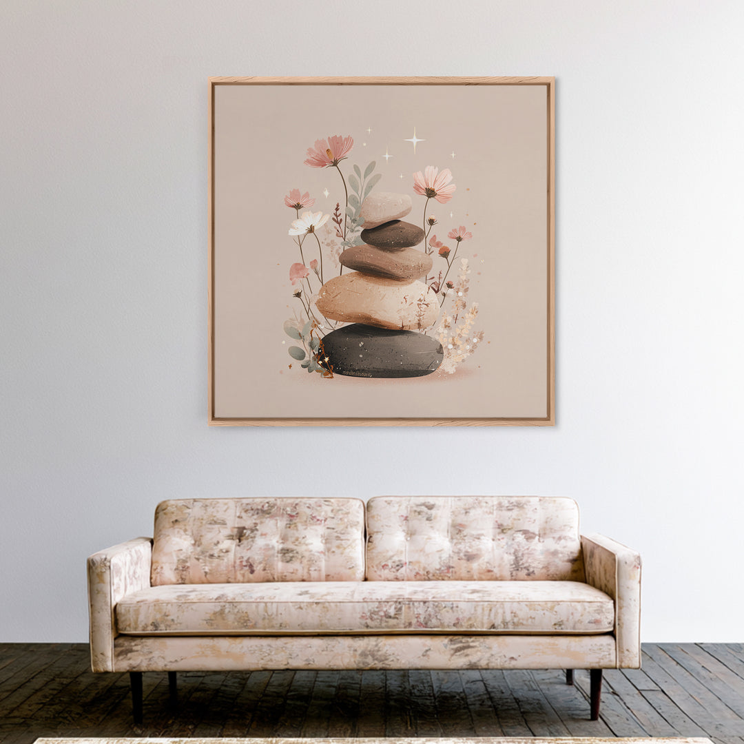 Stacked Zen Stones With Blush Flowers Wall Art, Neutral Spa Decor Canvas, Botanical Bathroom Print, Mindfulness Gift, Home Decor