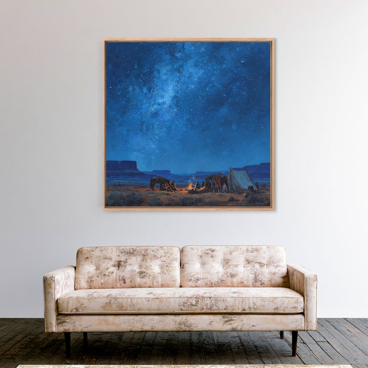 Cowboys Around Campfire Under Milky Way Wall Art, Western Night Desert Painting Print, Rustic Cabin Decor Living Room Art