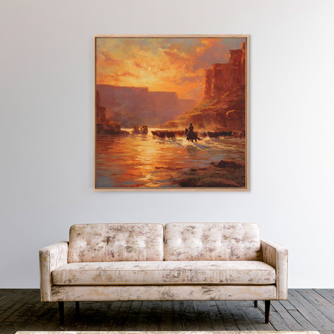 Cowboy Cattle Drive Sunset River Western Landscape Wall Art Canvas Print Rustic Home Decor Living Room Western Wall Art