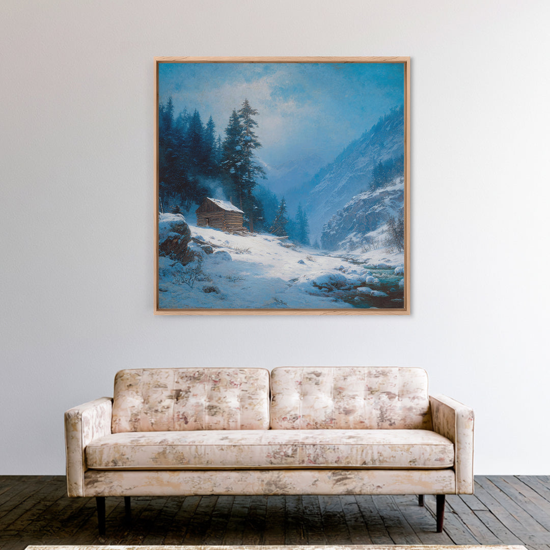 Cozy Winter Cabin In Snowy Mountain Valley Wall Art Print, Rustic Landscape Home Decor, Calming Nature Canvas Print