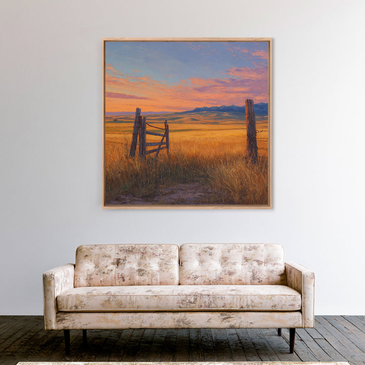 Golden Field Country Landscape Oil Painting Wall Art, Rustic Farm Sunset Hillside Canvas Print Home Decor