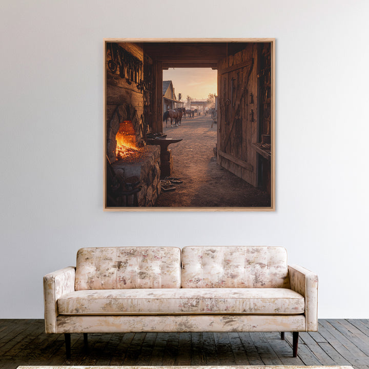 Cozy Old West Blacksmith Shop At Sunset Wall Art For Rustic Farmhouse Decor, Western Town Framed Canvas Print