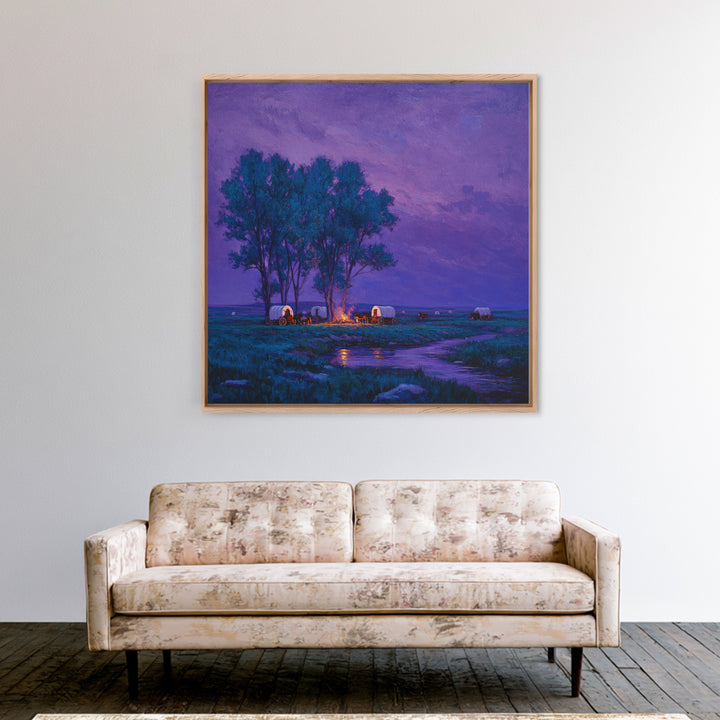 Purple Prairie Campfire Wagons Wall Art, Western Night Landscape Painting, Cozy Cabin Country Decor, Canvas Print