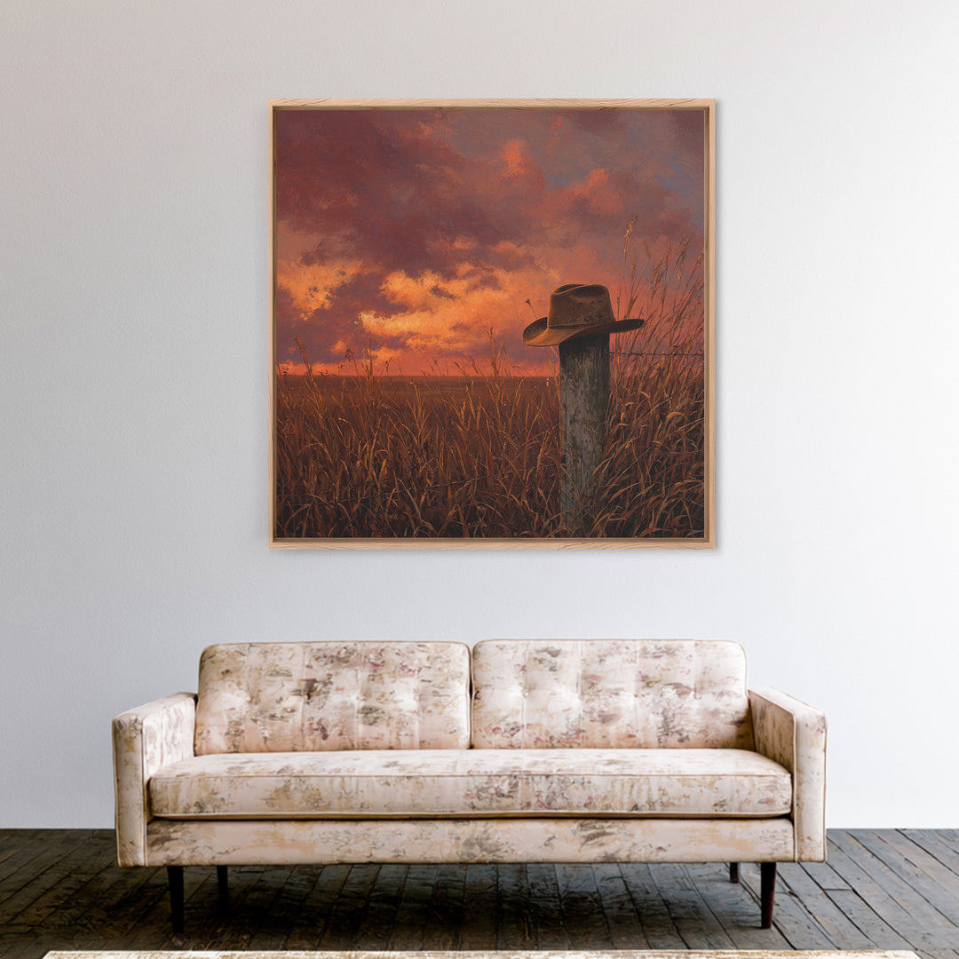 Western Cowboy Hat Sunset Field Wall Art Rustic Landscape Canvas Print Country Home Decor Farmhouse Painting Living Room Art