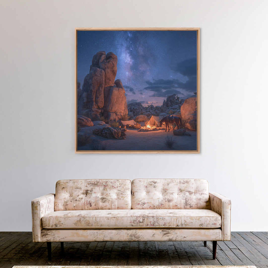Starry Desert Campfire Wall Art, Western Night Landscape Framed Canvas Print, Cowboy Camping Art, Rustic Cabin Decor