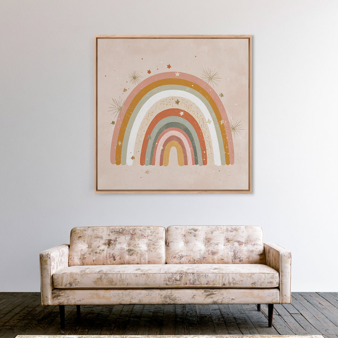 Muted Rainbow With Stars Canvas Print, Boho Nursery Wall Decor, Kids Room Art, Pastel Home Decor, Baby Shower Gift For Girl Nursery Decor
