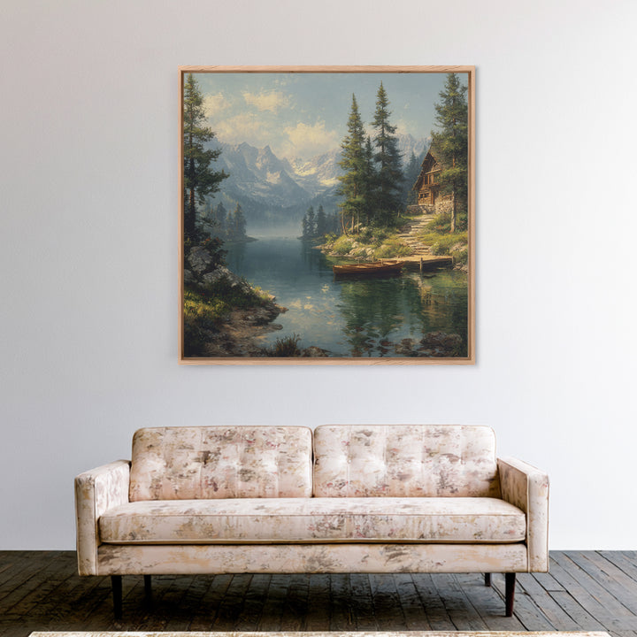 Mountain Lake Cabin Landscape Wall Art Canvas Print, Rustic Country Home Decor, Large Landscape Art, Living Room Wall Decor