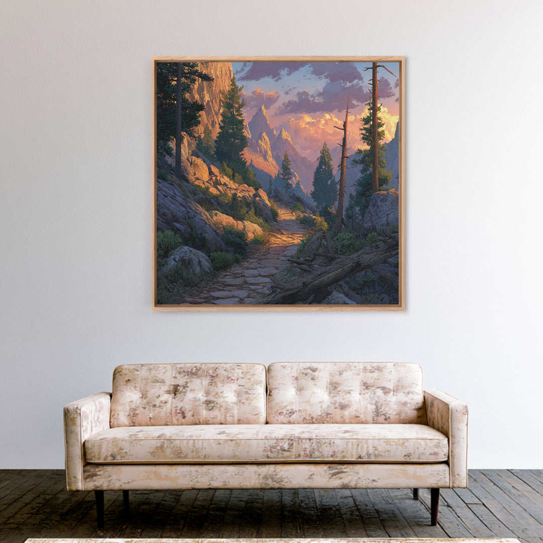 Mountain Trail At Sunset Landscape Wall Art, Scenic Hiking Path Canvas Print, Rustic Nature Home Decor For Living Room