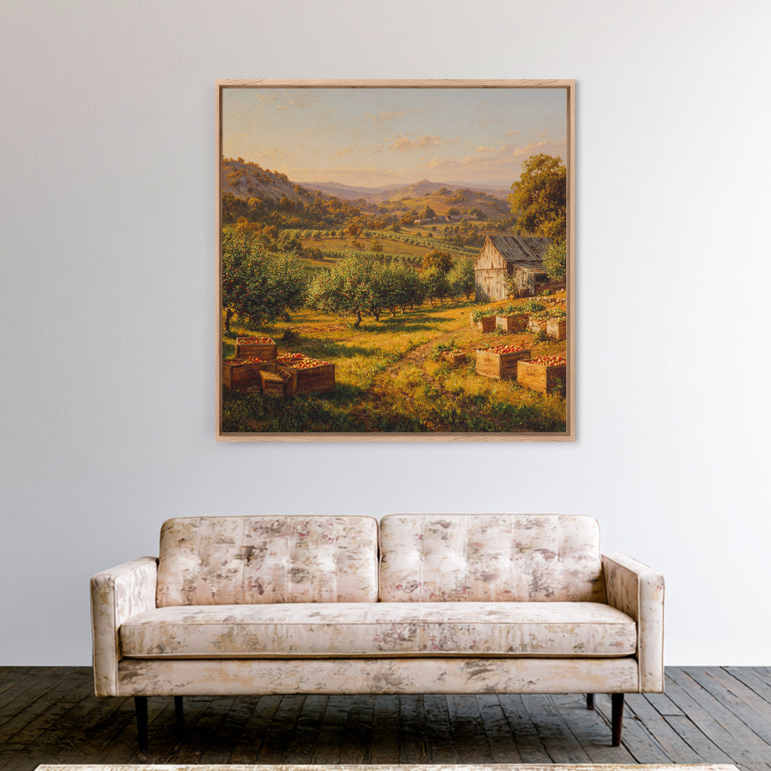 Golden Orchard Valley Landscape Painting Wall Art, Rustic Farm Harvest Print, Country Kitchen And Dining Room Decor