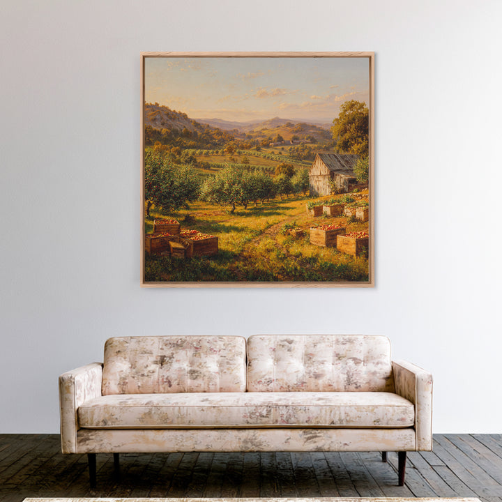 Golden Orchard Valley Landscape Painting Wall Art, Rustic Farm Harvest Print, Country Kitchen And Dining Room Decor