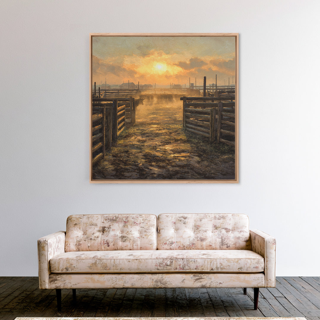 Rustic Cattle Pens Sunrise Oil Painting Wall Art, Western Farmhouse Landscape Print For Country Kitchen Or Living Room Decor