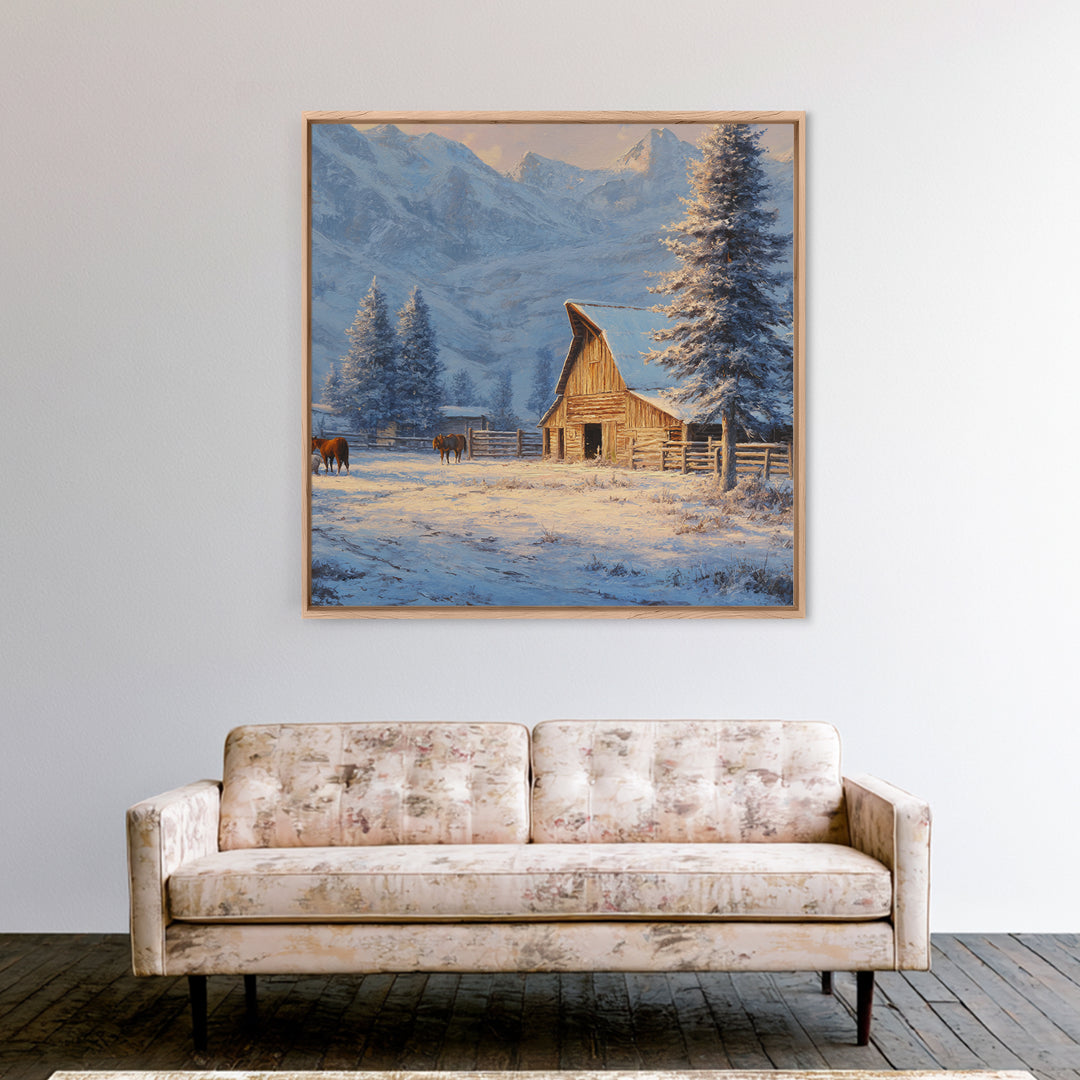 Snowy Mountain Barn Winter Wall Art, Rustic Farm Landscape Canvas Print, Cozy Cabin Decor, Country Farmhouse Living Room Wall Decor