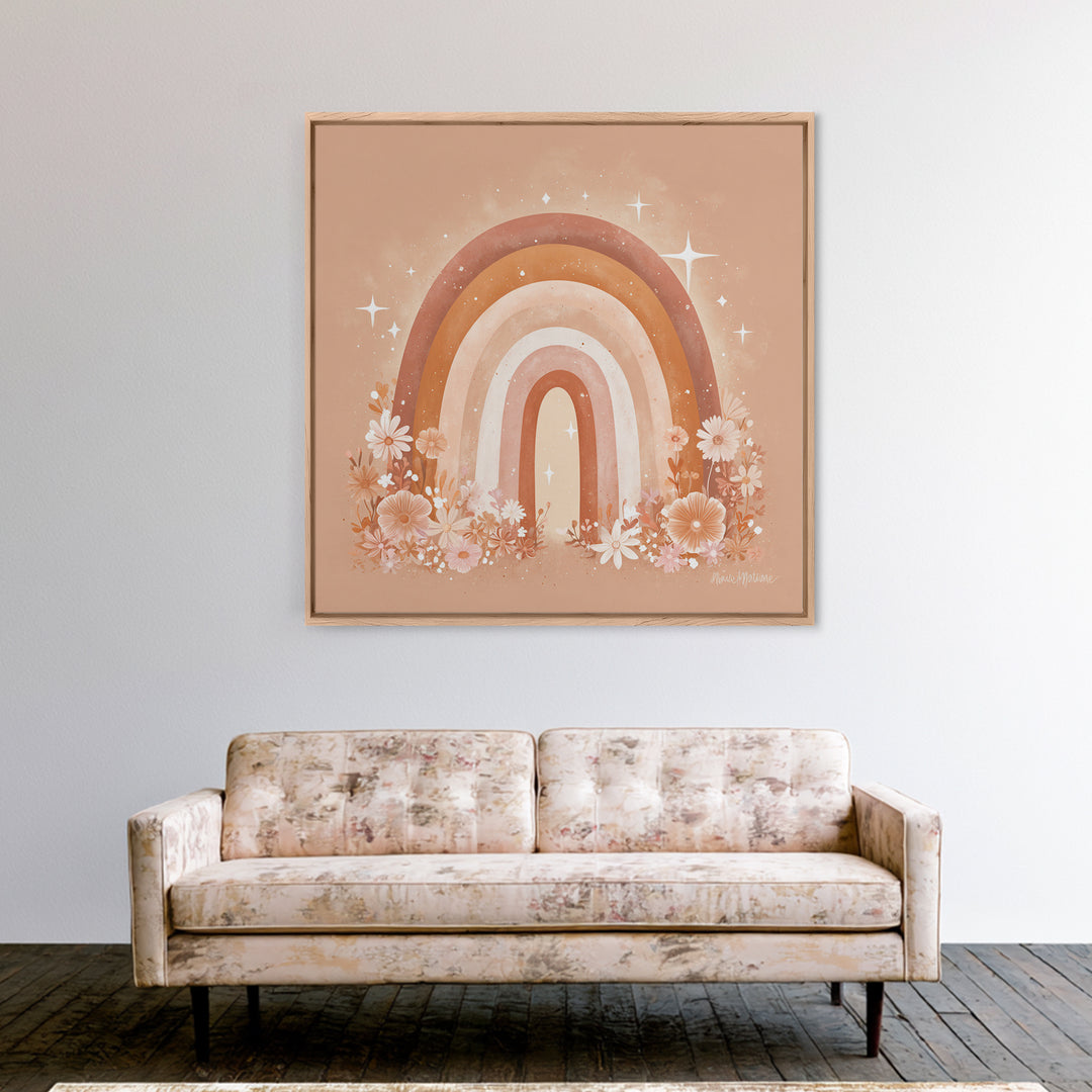 Peach Floral Rainbow Wall Art, Daisy Nursery Decor, Boho Kids Room Art, Feminine Wall Decor, Baby Girl Nursery Canvas Print