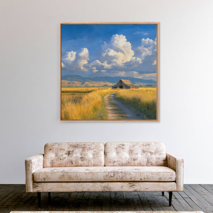 Golden Field Barn Country Landscape Wall Art, Blue Sky Farmhouse Canvas Print, Rustic Country Home Decor For Kitchen Or Living Room