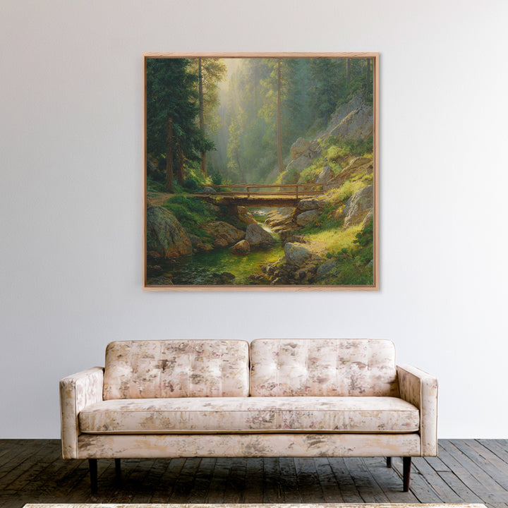 Sunlit Forest Bridge Landscape Wall Art, Tranquil Nature Print, Calming Green Decor, Rustic Country Artwork For Living Room Or Bedroom