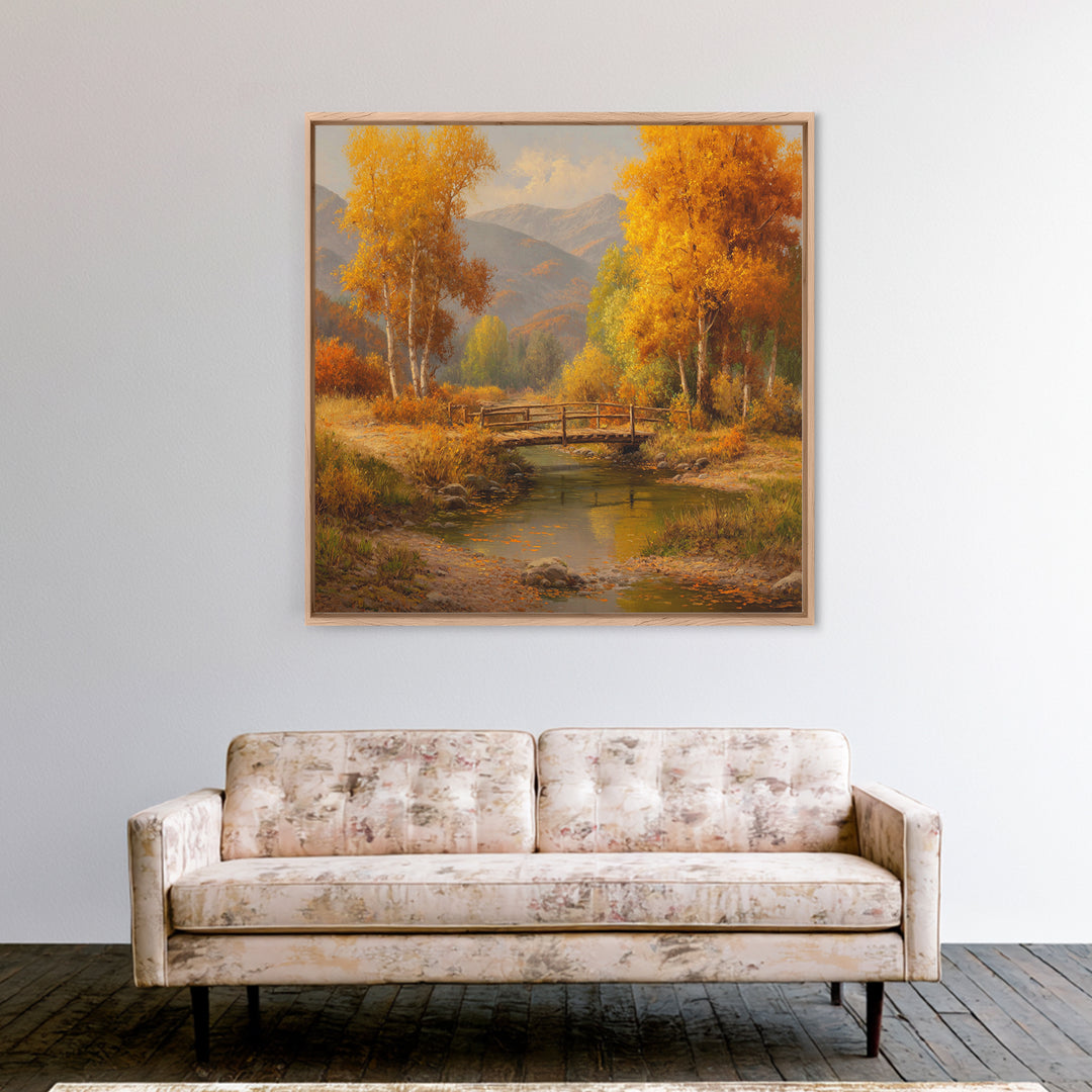 Autumn Forest Bridge Landscape Wall Art, Rustic Country Stream Canvas Print, Cozy Fall Home Decor, Living Room Wall Art