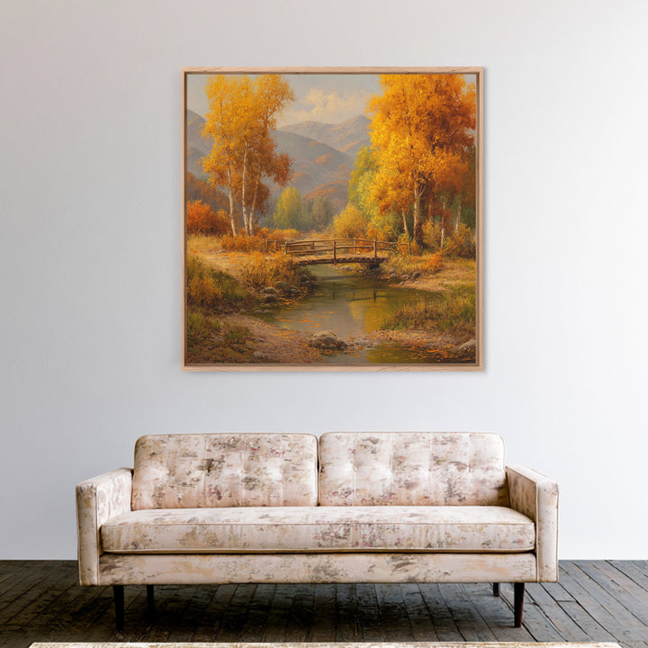 Autumn Forest Bridge Landscape Wall Art, Rustic Country Stream Canvas Print, Cozy Fall Home Decor, Living Room Wall Art