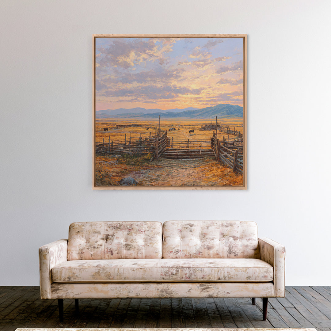 Sunset Cattle Ranch Landscape Painting Wall Art, Rustic Western Pasture Print, Country Farmhouse Living Room Decor