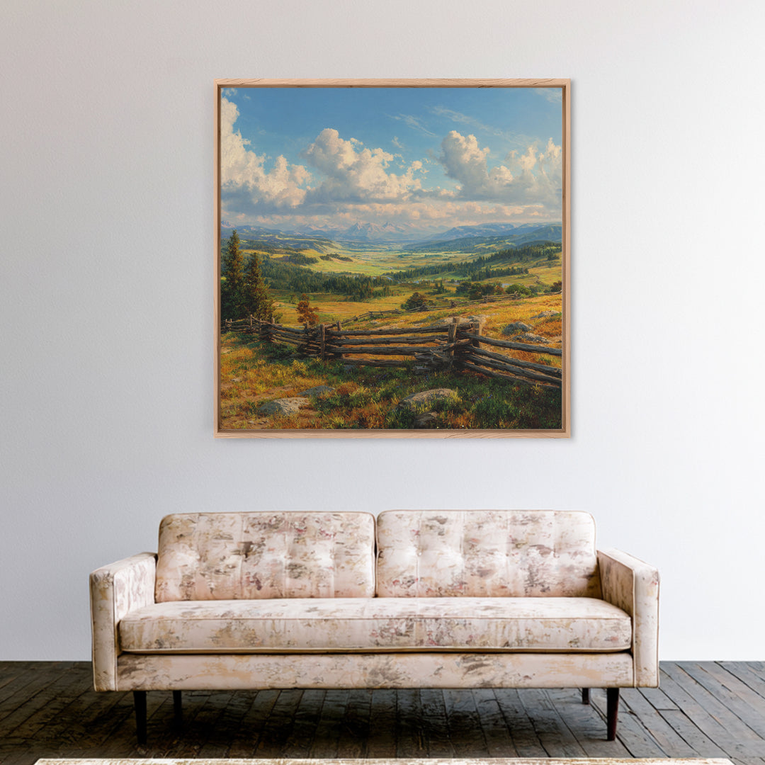 Wide Mountain Valley Landscape Wall Art, Rustic Country Canvas Print, Large Western Farmhouse Decor For Living Room
