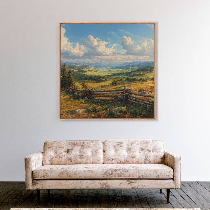 Wide Mountain Valley Landscape Wall Art, Rustic Country Canvas Print, Large Western Farmhouse Decor For Living Room
