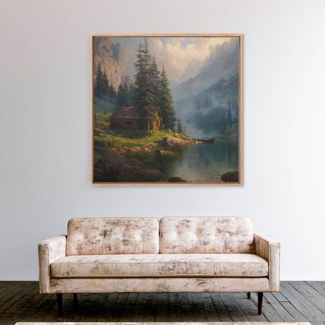 Mountain Cabin Lake Sunset Landscape Wall Art Rustic Nature Painting Home Decor Living Room Decor Canvas Print