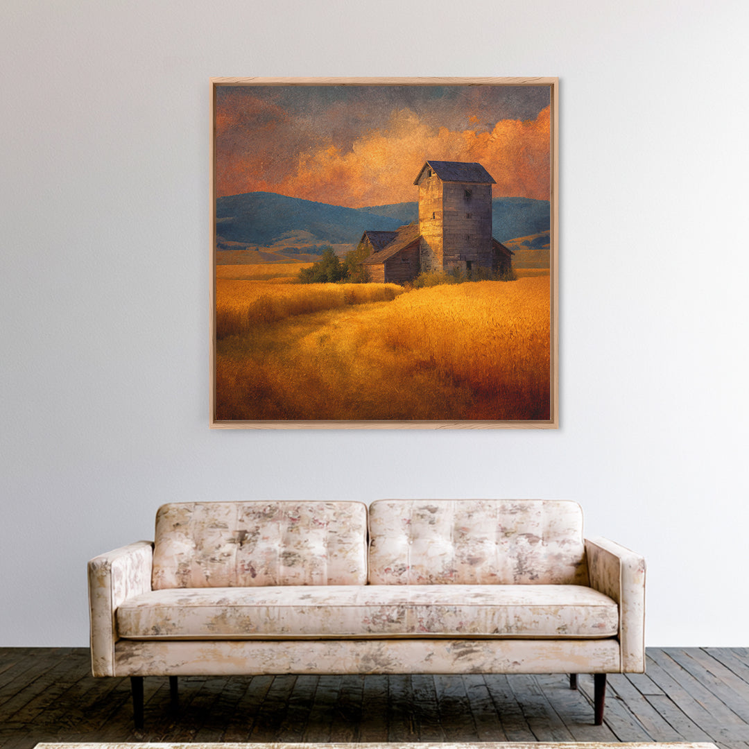 Rustic Barn In Golden Field Landscape Wall Art, Country Sunset Canvas Print, Farmhouse Home Decor Artwork