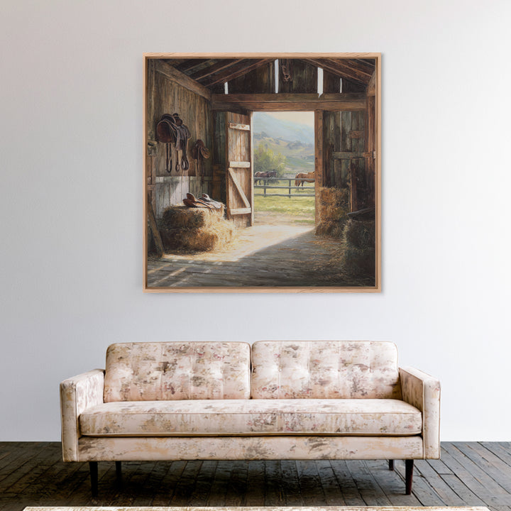 Rustic Horse Barn Interior Wall Art Country Farmhouse Decor Warm Sunlit Stable Landscape Print For Entryway Or Living Room