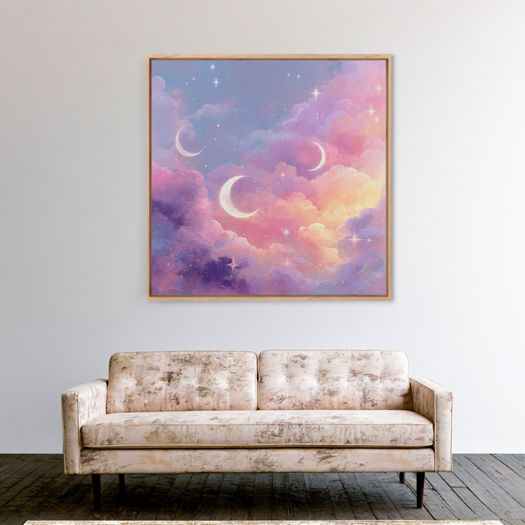 Pastel Crescent Moons In Dreamy Clouds Canvas Print, Celestial Wall Art, Whimsical Nursery Decor, Girls Room Decor, Space Art