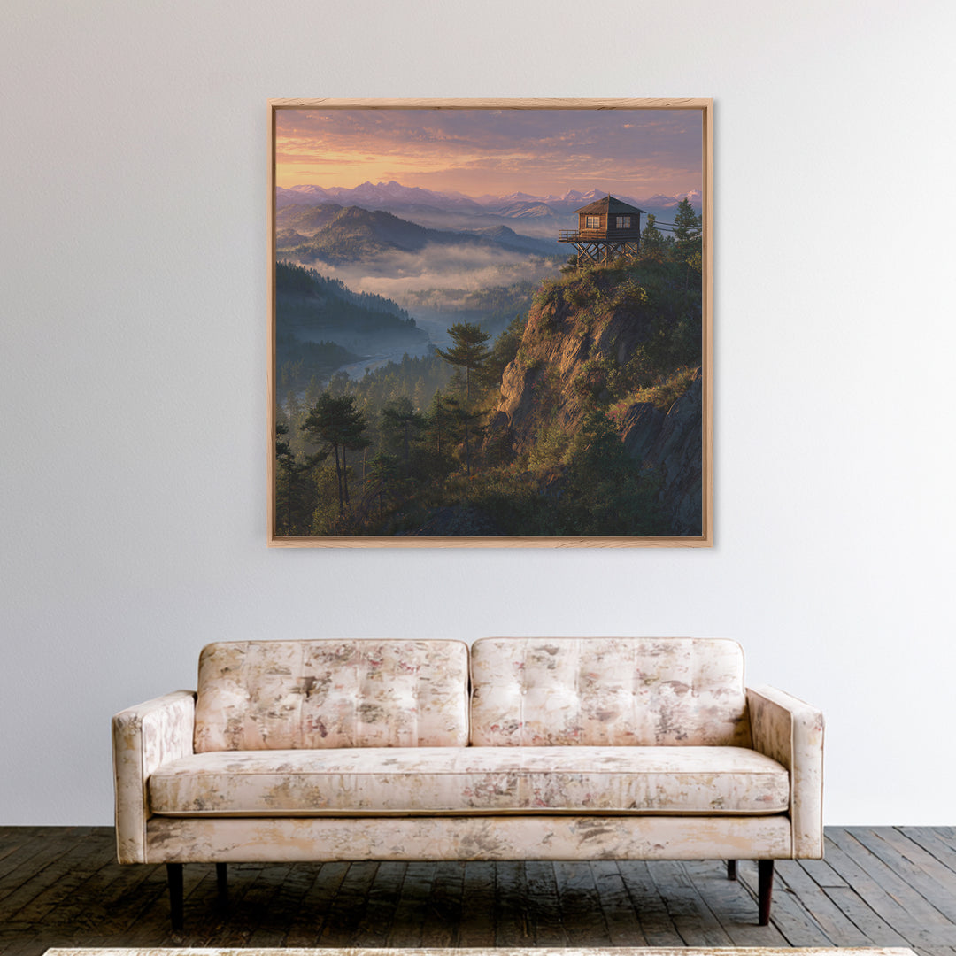 Mountain Fire Lookout Tower Sunrise Landscape Wall Art Misty Forest Painting Modern Home Decor Living Room Canvas Print