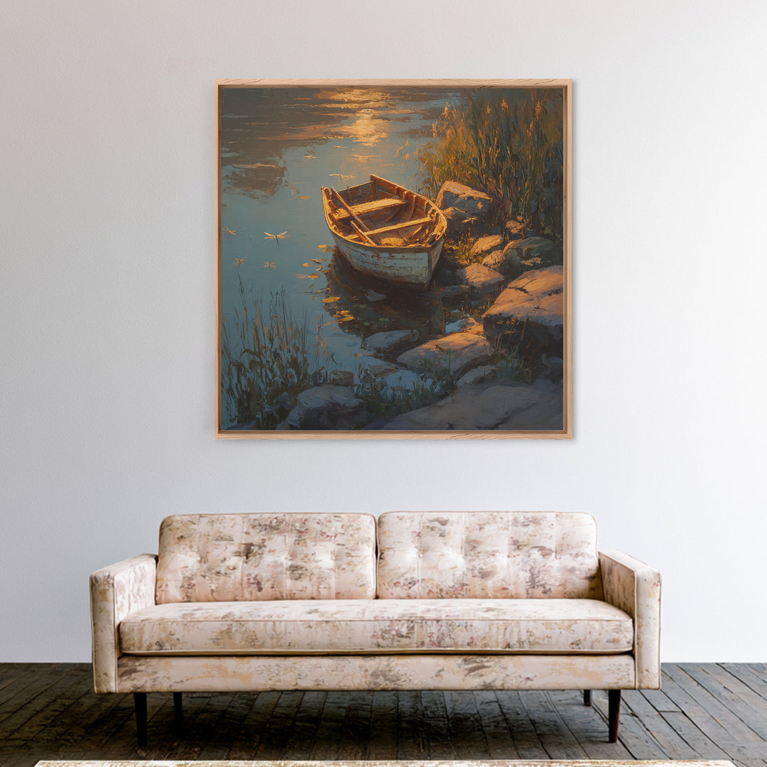Rowboat On Golden Lake Wall Art, Tranquil Lakeside Landscape Canvas Print, Rustic Cabin Decor, Peaceful Nature Bedroom Wall Art