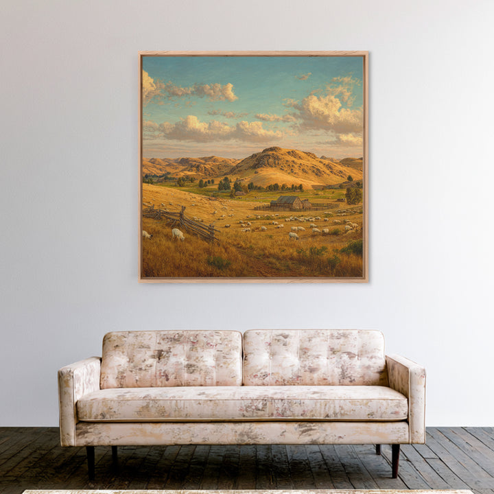 Golden Farm Landscape Wall Art, Rustic Country Pasture With Sheep, Large Wall Art Canvas Print For Farmhouse Home Decor