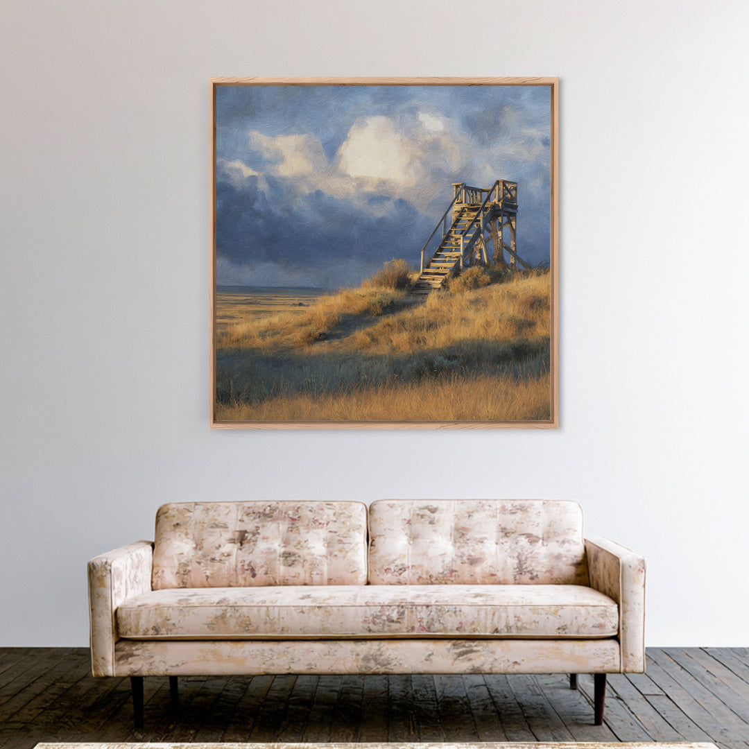 Windblown Dune Stairs Coastal Landscape Wall Art, Moody Beach House Decor Canvas Print