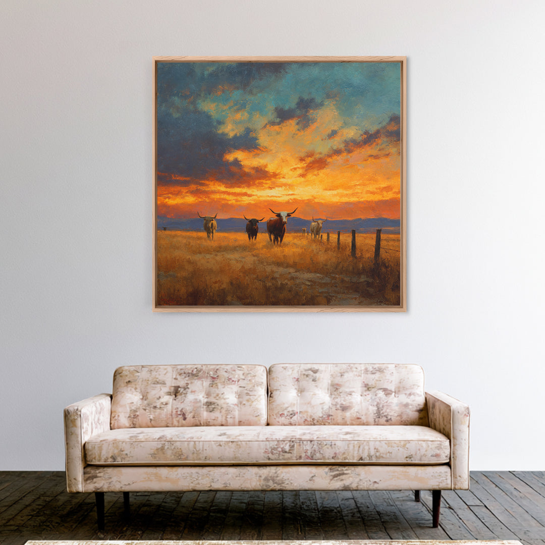 Longhorn Cattle At Sunset Western Landscape Wall Art, Rustic Ranch Canvas Print, Modern Cowboy Home Decor