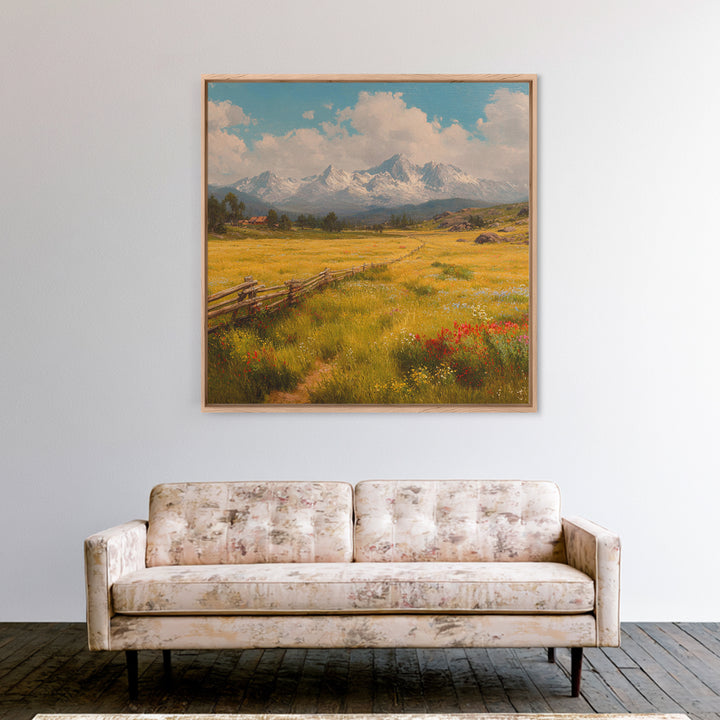 Sunny Alpine Meadow Landscape Wall Art, Wildflower Field Canvas Print, Country Farmhouse Decor, Mountain Nature Art
