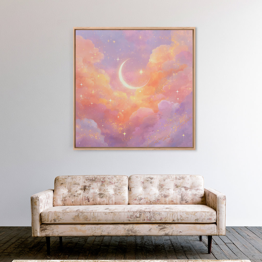 Glowing Crescent Moon Clouds Wall Art, Pastel Celestial Nursery Decor, Pink Bedroom Art, Dreamy Space Print, Girls Room Decor