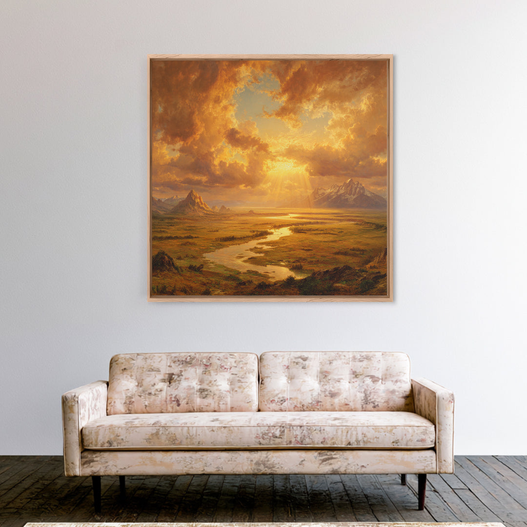 Golden Sunset River Valley Landscape Wall Art, Warm Mountain Print, Rustic Country Decor For Living Room Wall Art