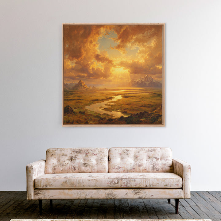 Golden Sunset River Valley Landscape Wall Art, Warm Mountain Print, Rustic Country Decor For Living Room Wall Art