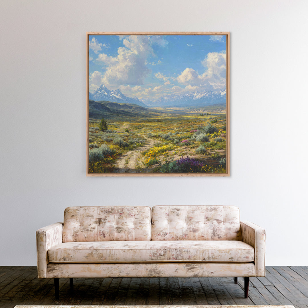 Wide Mountain Valley Wildflower Landscape Wall Art, Country Scenic Canvas Print For Rustic Farmhouse Decor