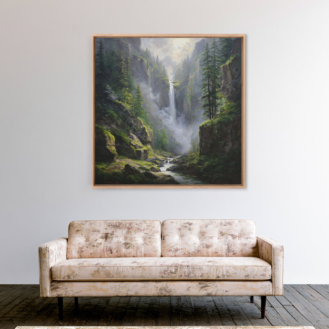 Majestic Mountain Waterfall Forest Landscape Wall Art, Serene Nature Canvas Print For Rustic Cabin Decor