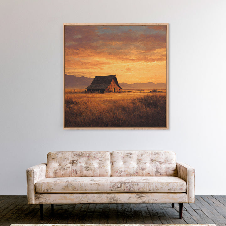 Rustic Barn At Sunset Landscape Wall Art, Country Farmhouse Painting, Warm Autumn Field Scene Large Framed Canvas Print