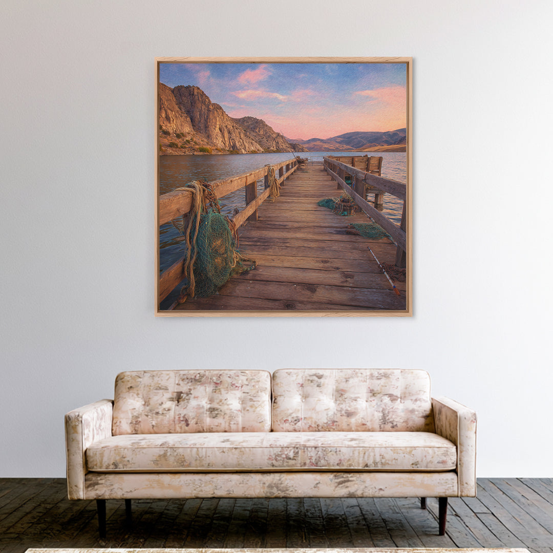 Rustic Fishing Pier At Sunset Canvas Print, Mountain Lake Landscape Wall Art, Cozy Cabin Decor For Lake House Or Living Room