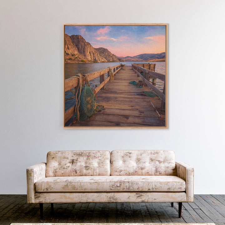 Rustic Fishing Pier At Sunset Canvas Print, Mountain Lake Landscape Wall Art, Cozy Cabin Decor For Lake House Or Living Room