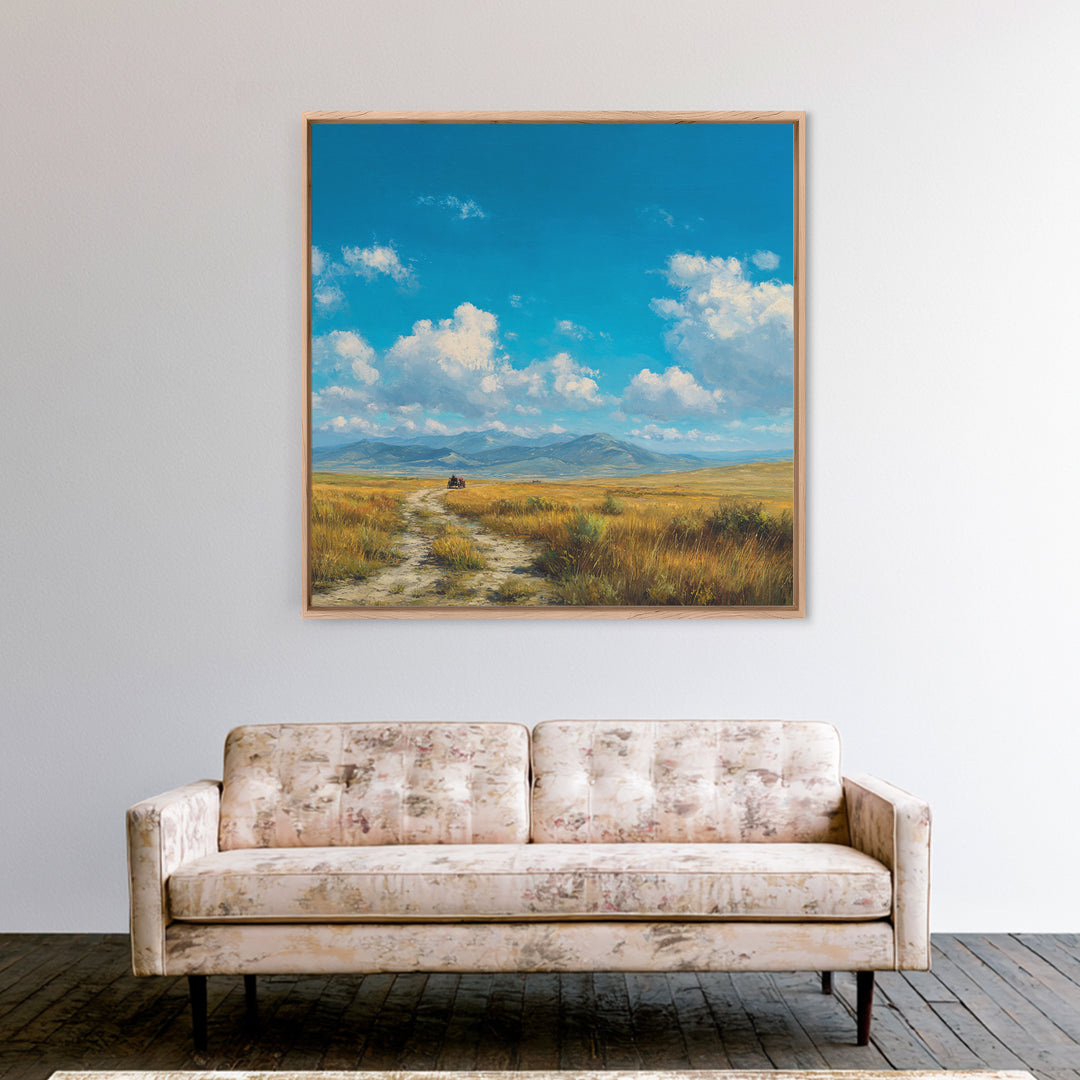 Golden Prairie Wagon Landscape Wall Art, Western Country Sunset Painting, Rustic Home Decor, Large Modern Art Print Canvas