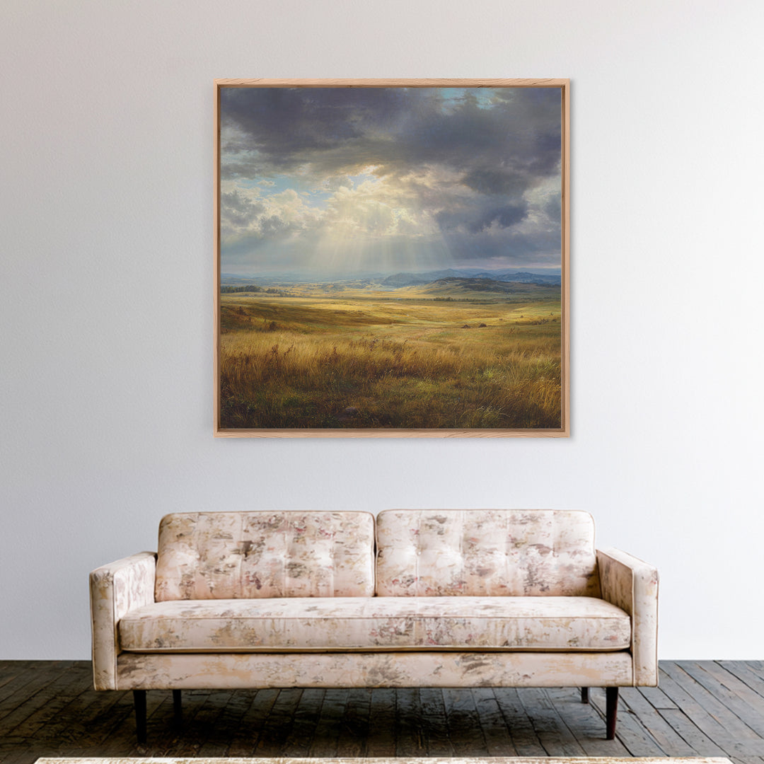 Sun Rays Over Golden Prairie Wall Art, Dramatic Western Landscape Canvas Print, Rustic Country Decor, Large Nature Living Room Art
