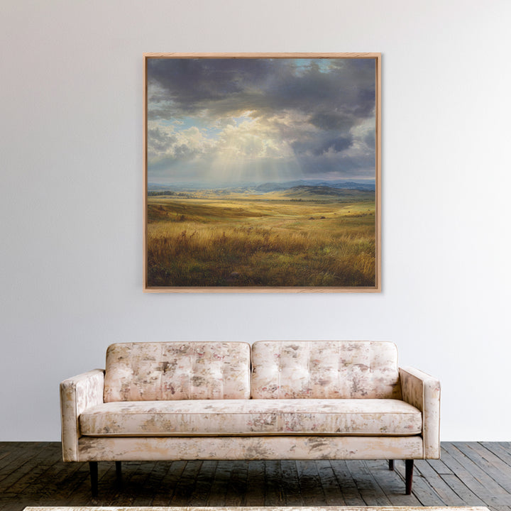 Sun Rays Over Golden Prairie Wall Art, Dramatic Western Landscape Canvas Print, Rustic Country Decor, Large Nature Living Room Art
