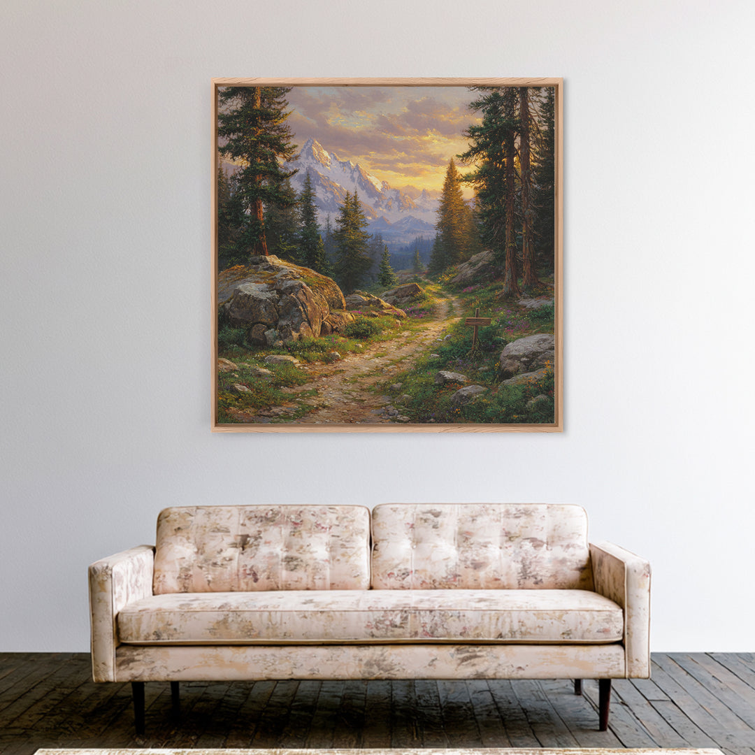 Mountain Forest Path At Sunset Wall Art, Tranquil Landscape Canvas Print For Rustic Cabin Or Living Room Home Decor